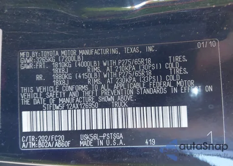 2010 Toyota Tundra Grade 5.7L V8 z USA, uszkodzony, nr VIN 5TFDW5F12AX126950